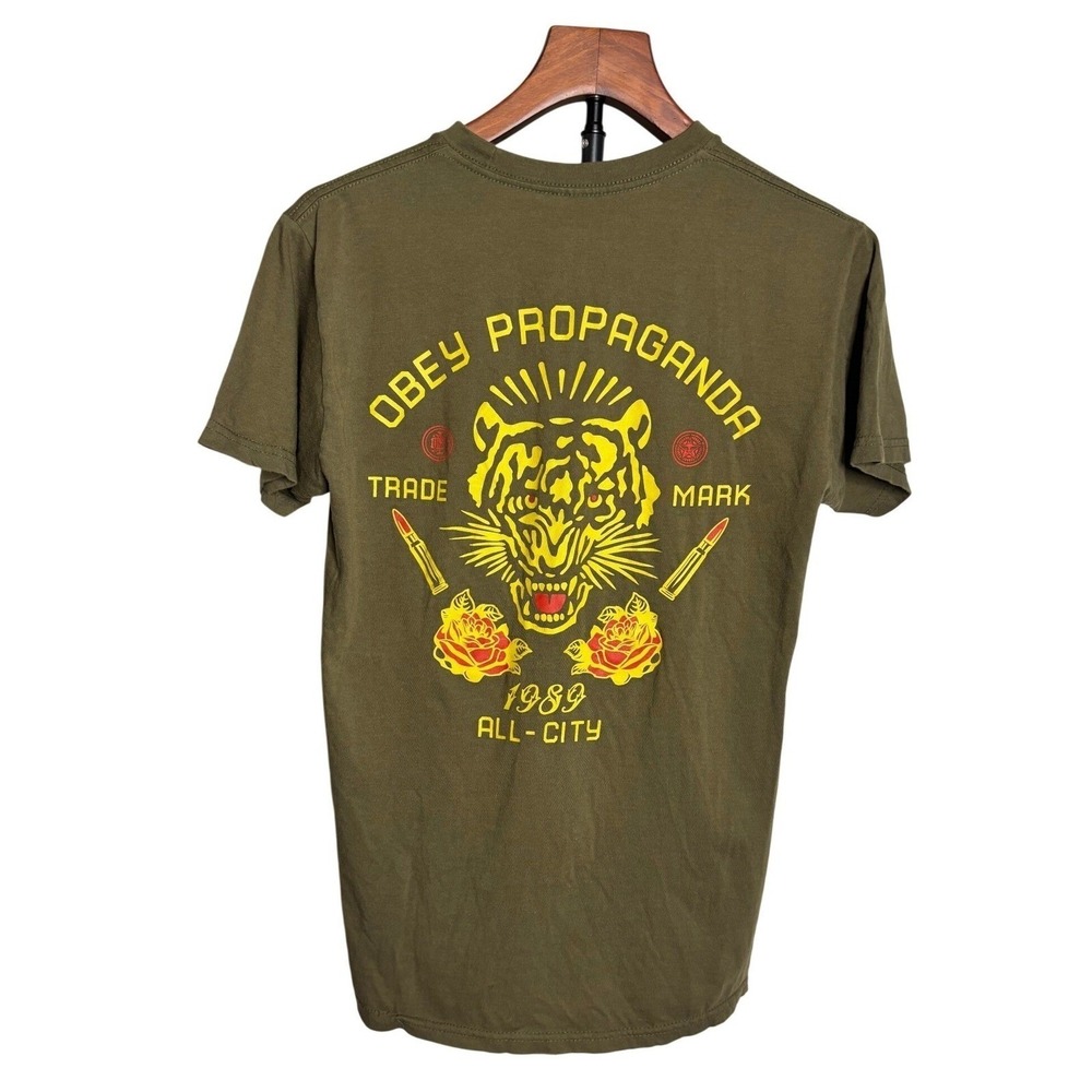 Obey | Mens Propaganda Tiger Rose Graphic T Olive Green All-City 1989 | Size S - Picture 4 of 6